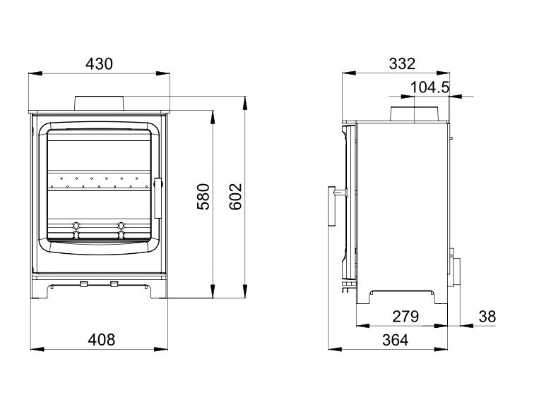 Woodford Carrington 5 Multifuel Wood Burning Stove dimensions chart 