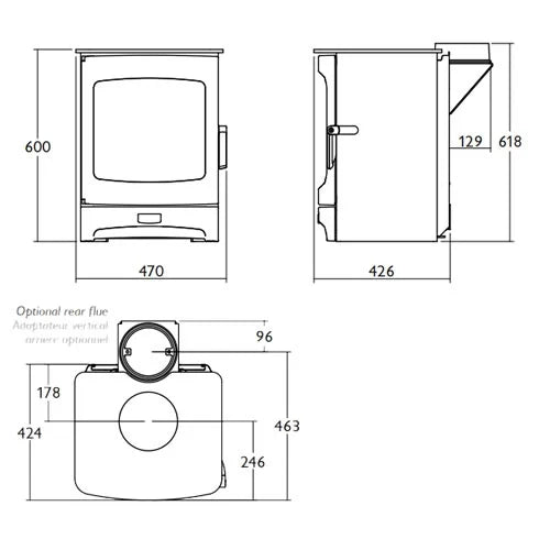 Charnwood Aire 5 Wood Burning Ecodesign Stove dimensions