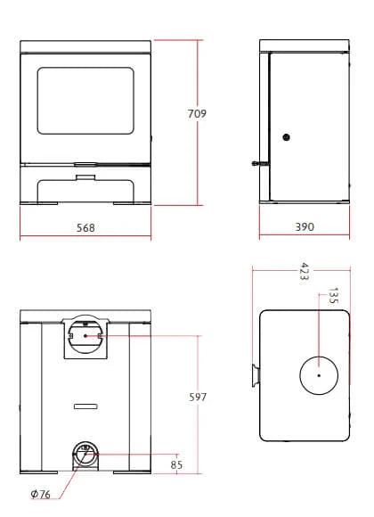 Charnwood Skye 7 Wood Burning / Multifuel Ecodesign Stove dimensions