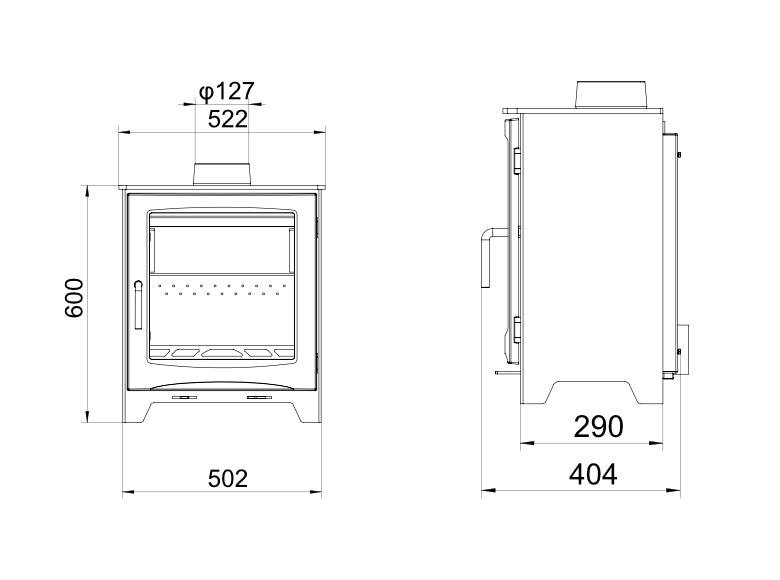 Woodford Didsbury 5 Wide Wood Burning / Multifuel Stove dimensions chart