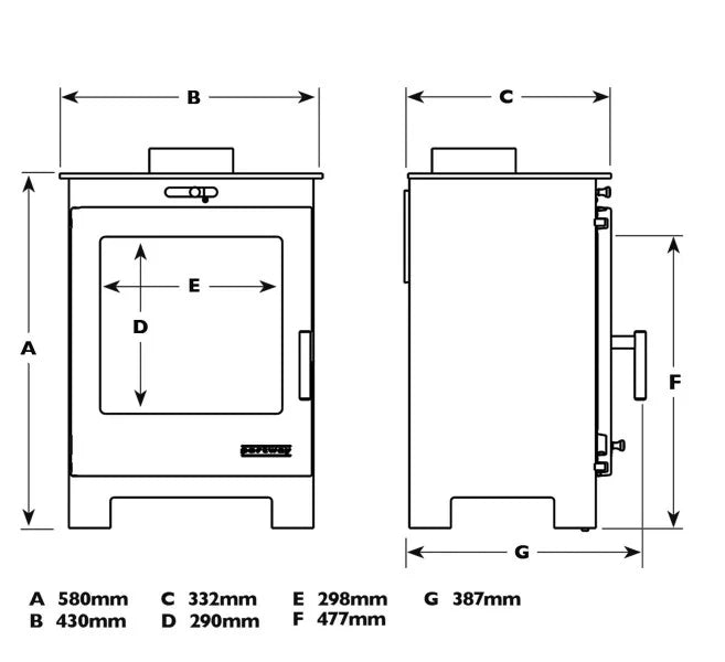 Portway Arundel Wood Burning Ecodesign Stove dimensions