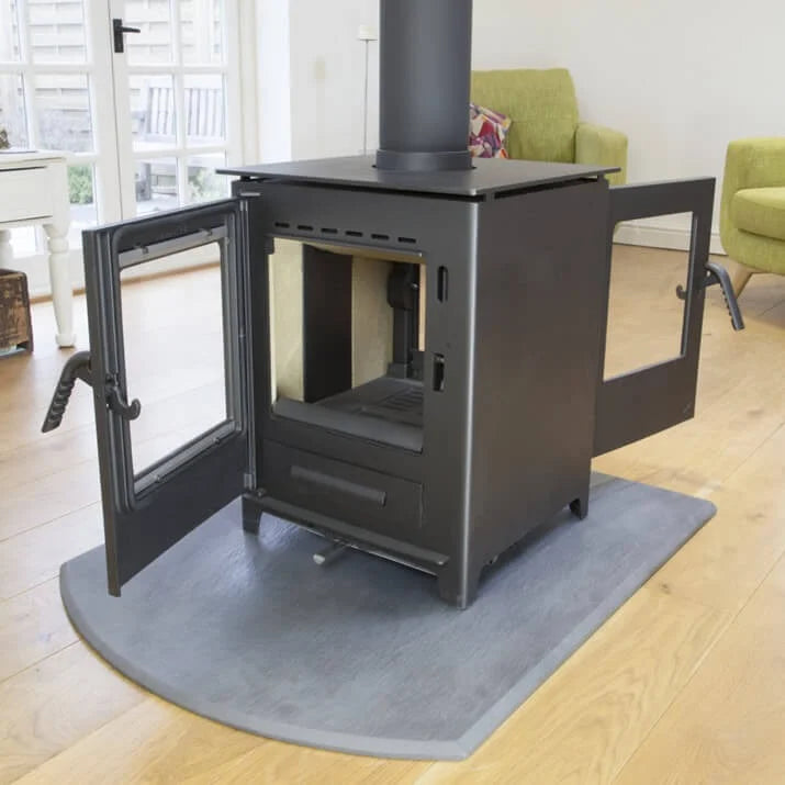 Mendip Loxton 8 Double Sided Wood Burning Ecodesign Stove with doors open