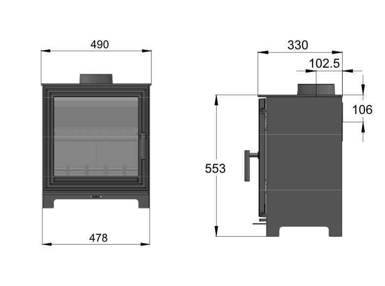 Woodford Pankhurst L Wood Burning Stove dimensions chart