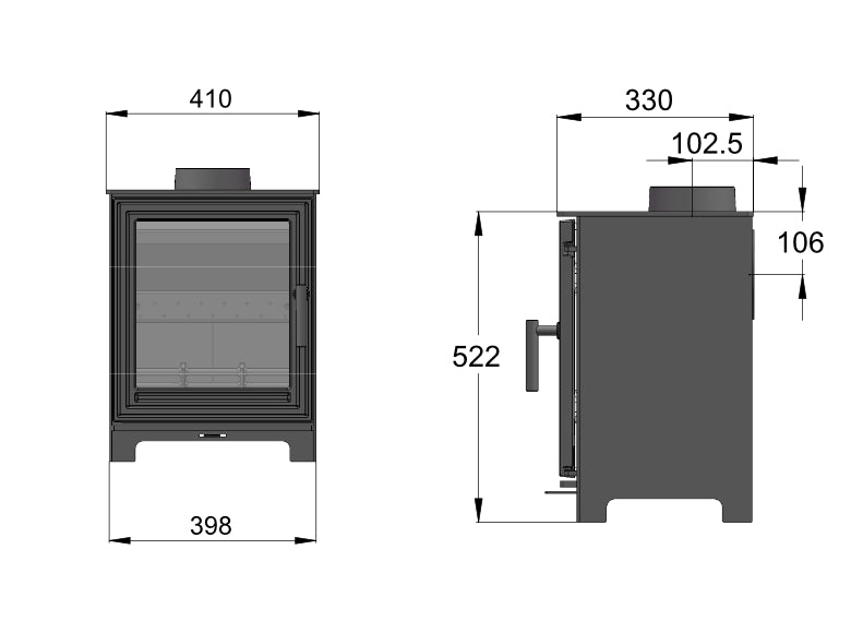 Woodford Pankhurst M Wood Burning Stove dimensions chart