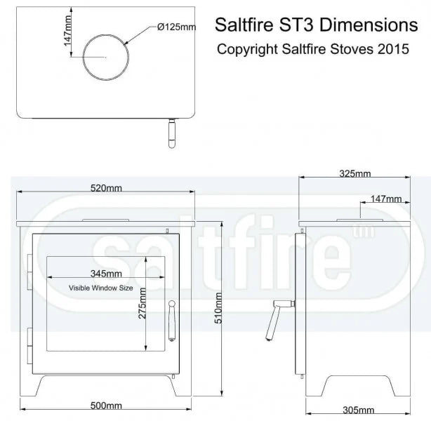 Saltfire ST3 Wood Burning Ecodesign Stove dimensions