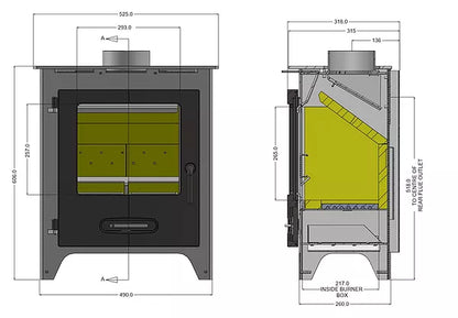 Bohemia X40 Cube Wood Burning / Multifuel Ecodesign Stove dimensions