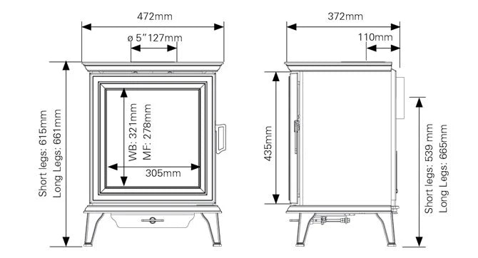 Stovax Sheraton 5 Wide Wood Burning / Multifuel Ecodesign Stove dimensions