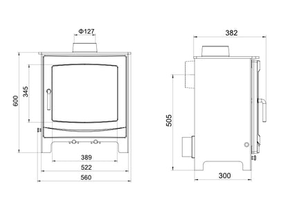 Woodford Turing 5XL Widescreen Multifuel Wood Burning Stove dimensions chart