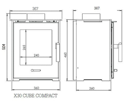 Bohemia X30 Cube Wood Burning / Multifuel Ecodesign Stove dimensions